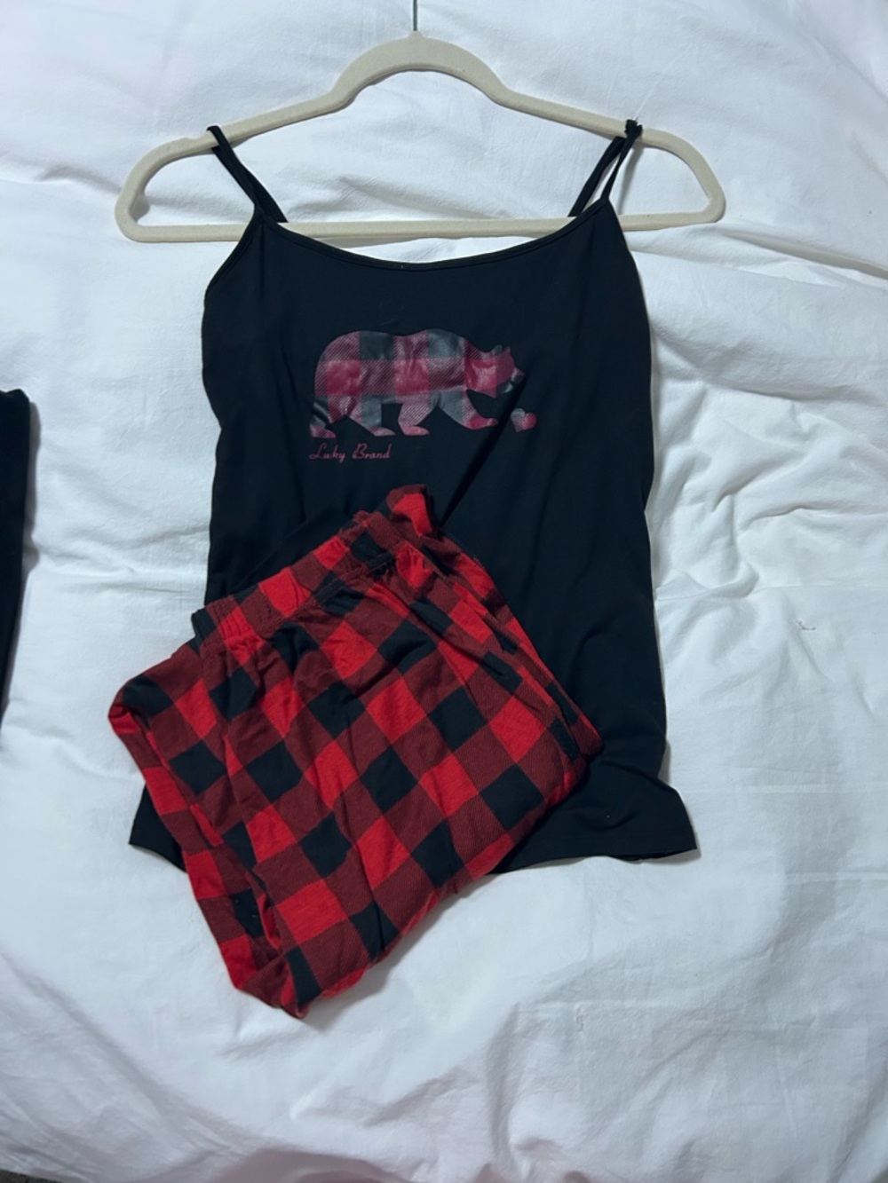 Lucky Brand Black Cami with Red & Black Buffalo Plaid Shorts